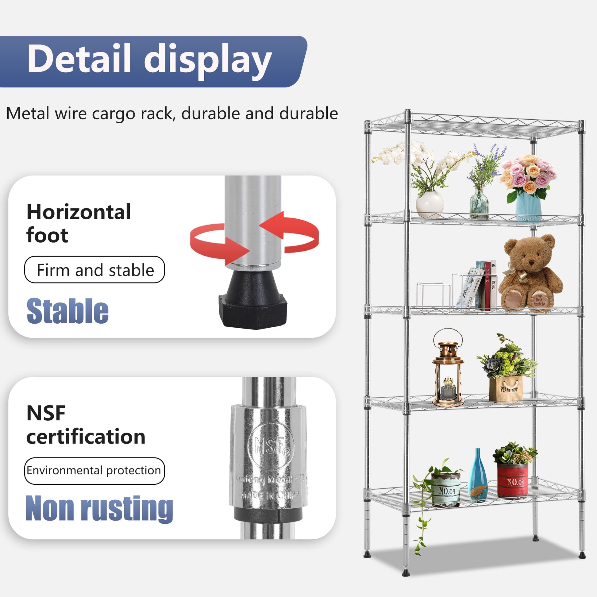 FDW 5 Tier 22L x 12W x 48H Pantry Shelves Adjustable Metal Shelves NSF Storage Rack Shelving Units for Kitchen Garage Small Places Commercial,Chrome - WoodArtSupply