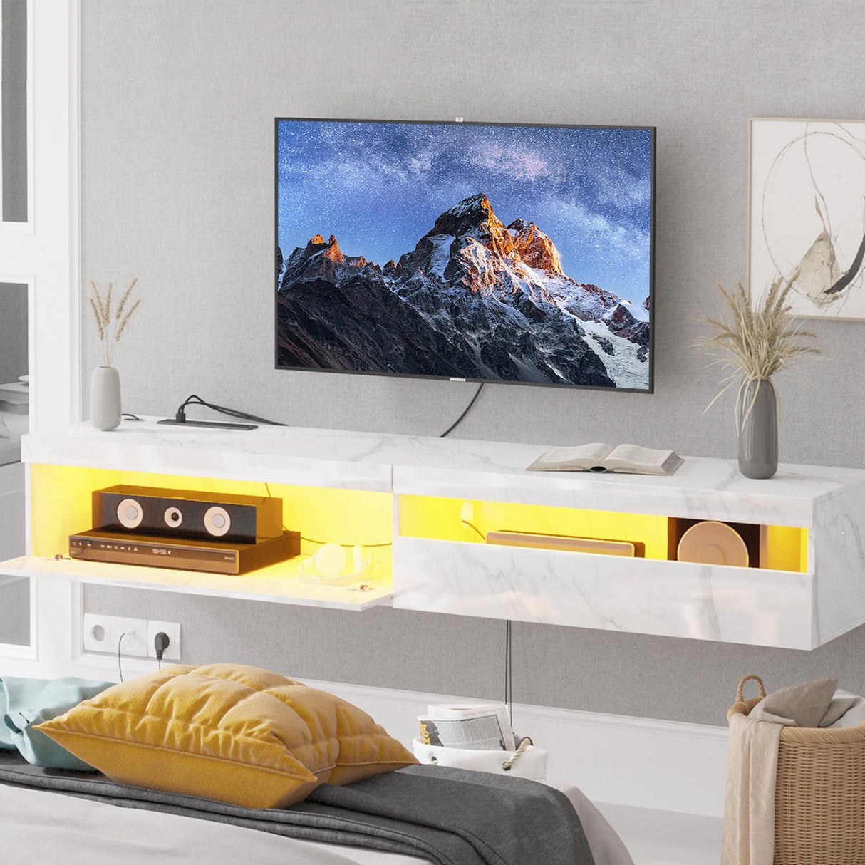 Floating TV Stand Wall Mounted with Power Outlet, Modern Floating Entertainment Center for 80 Inch TV, High Gloss Floating TV Shelf with LED Lights for Living Room, Bedroom, Marble White Doredo