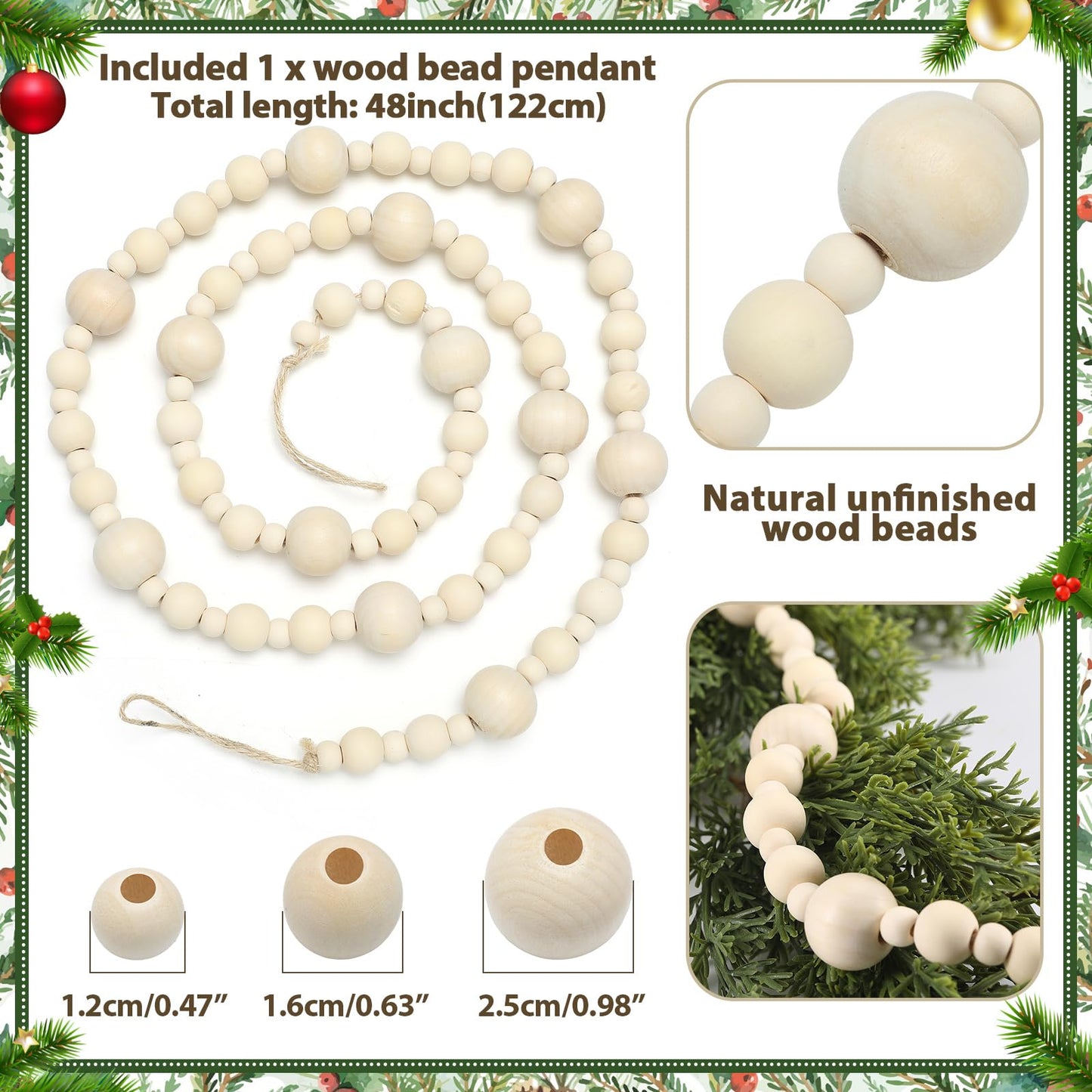 Janinka Natural Cream Wood Bead Christmas Garland 48" Wooden Beads Garland Boho Christmas Tree Hanging Decorations Rustic Farmhouse Home Decor for Wall Table Christmas Gift