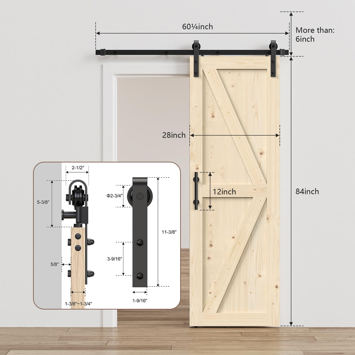 ROOMTEC 28in x 84in Sliding Barn Doors with 5ft Hardware Kit Included & Handle, DIY Unfinished Solid Pine Barn Doors with Barn Door Track Kit ROOMTEC