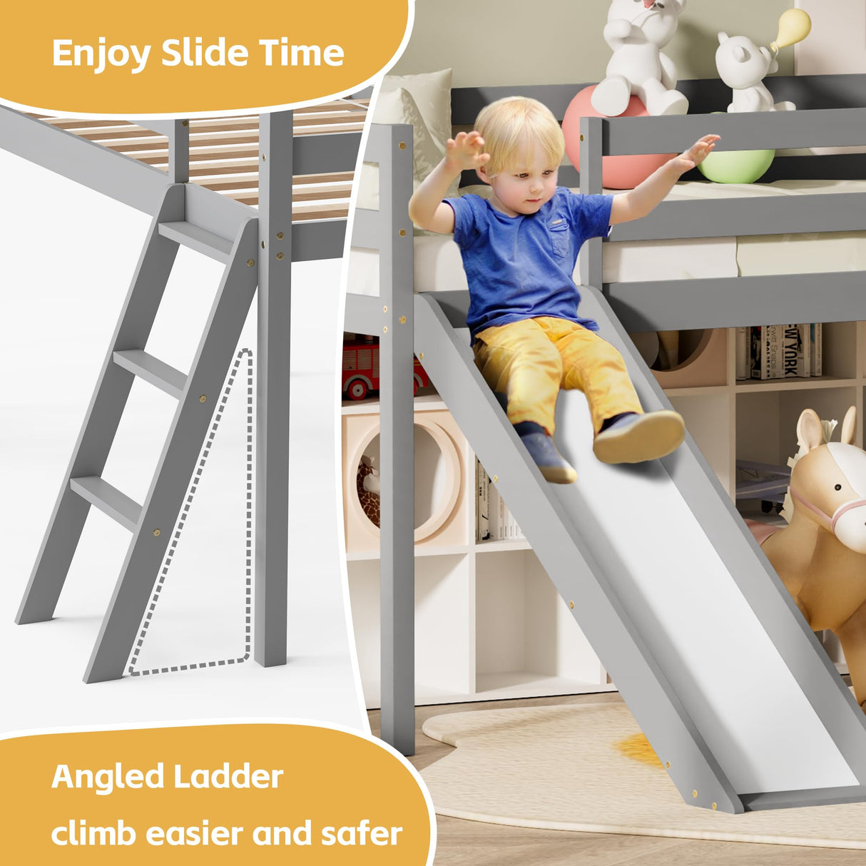 TOLEAD Low Loft Bed with Slide, Wood Twin Loft Bed Frame with Climbing Ladder & Storage Space for Kids Toddler (Grey) TOLEAD