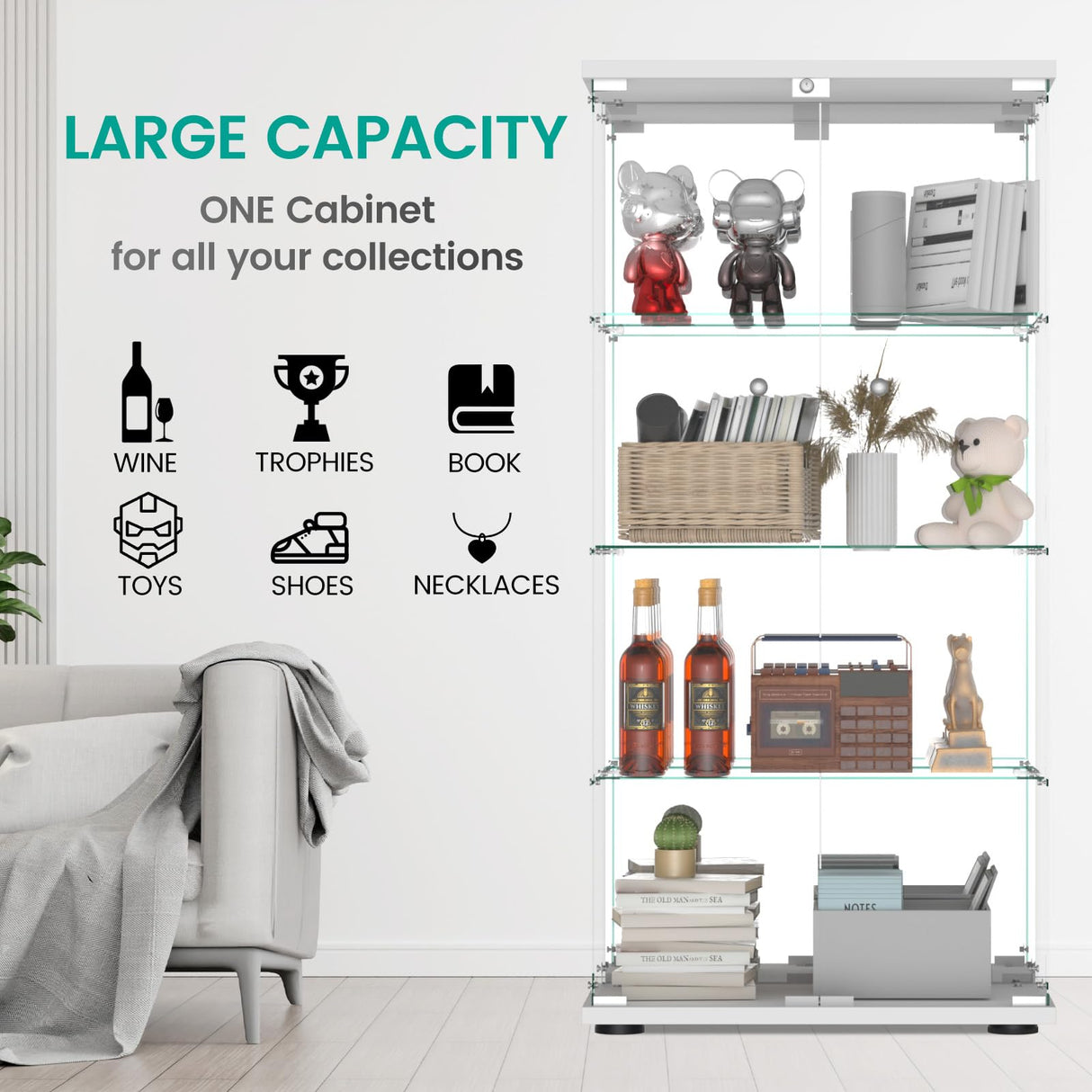 Display Cabinet with Mirror, Glass Door and Lock, 4-Shelf Fast Installation in 30Mins Curio Cabinet with 5mm Tempered Glass Floor Standing Bookshelf for Bedroom, Living Room, 65'' x32'' x14'', White GDJAASJI