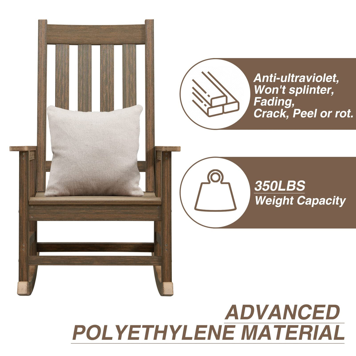 ACUEL Rocking Chair Outdoor, HDPE Oversized Patio Rocking Chairs, Weather Resistant, 350lbs Heavy Duty Porch Rocker with High Back for Backyard, Fire Pit, Garden and Indoor (Light Brown) ACUEL