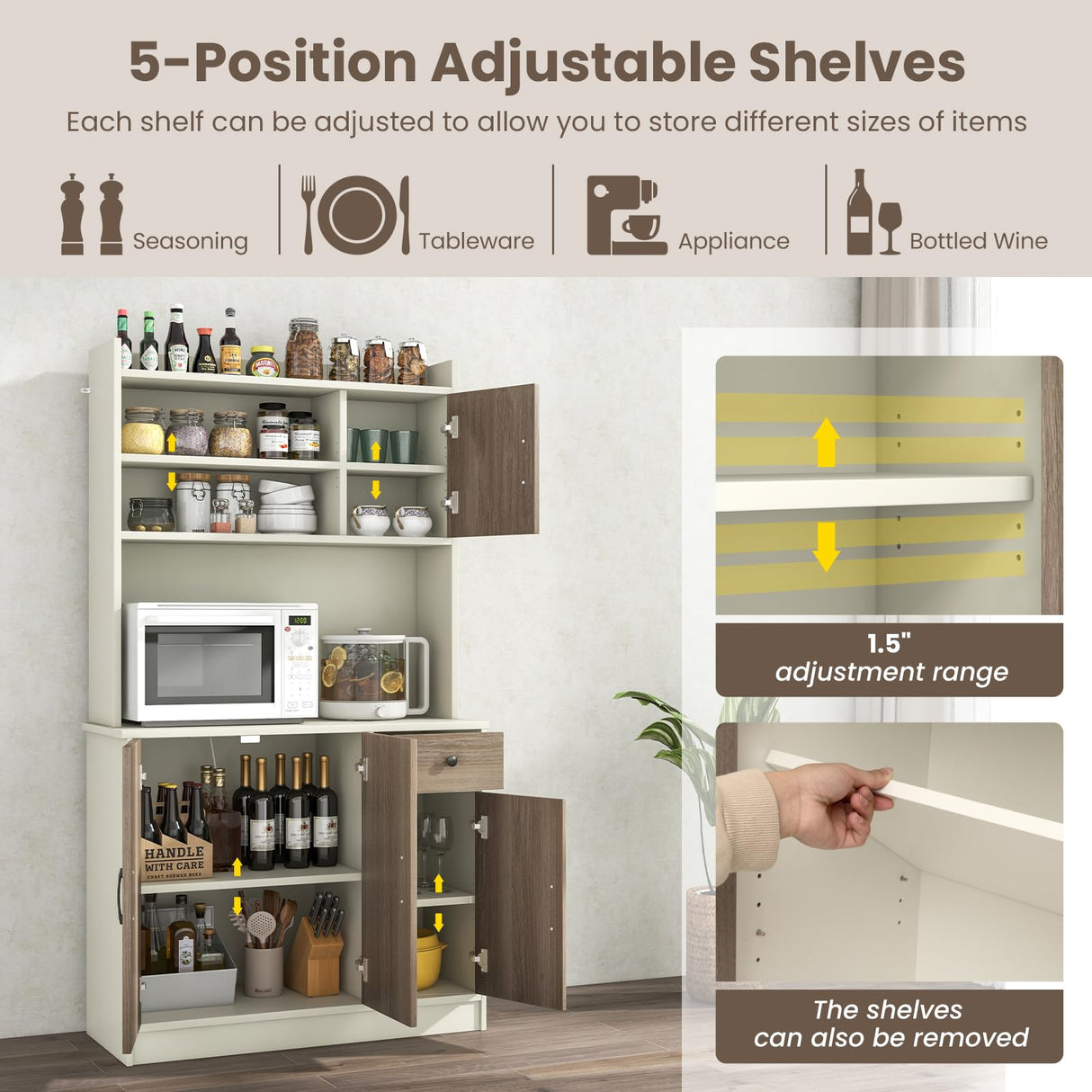 Giantex 71" Buffet Hutch Cabinet with Power Outlet, Kitchen Hutch Sideboard, Buffet Pantry on Island, Wood Kitchenware Server with Drawer, Shelf and Storage Cabinet (White & Walnut) Giantex