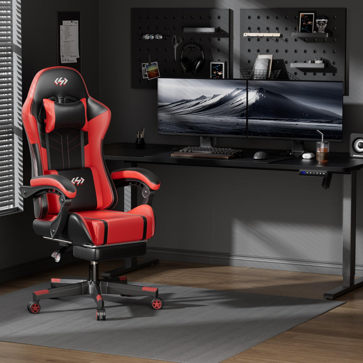 HLDIRECT Gaming Chair with Pocket Spring Cushion, Video Game Chair, Gaming Computer Chair, Ergonomic Chairs with Massage Lumbar Support for Adults, Swivel PU Leather Office Chair, Black & Red HLDIRECT