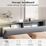 Luxury Queen Bed Frame,Queen Size Trundle Bed Frame with 2 Storage Drawers,Reading Lights, Storage Headboard,Storages Rack,Queen Size Linen Upholstered Platform Bed for Bedroom (Gray, Queen) Firscook