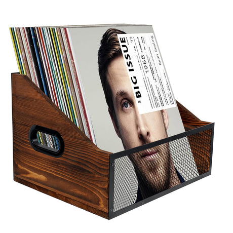 S&H Kaide Vinyl Record Storage,Rustic Vinyl Record Holder,Record Crates for Vinyl,Pine Wood & Metal Record Box for Display,60-Record Capacity LP Album Organizer S&H Kaide