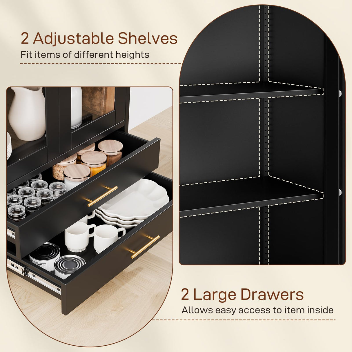 Holiwei Metal Storage Cabinet, 73" Arched Kitchen Pantry Organizer with 2 Drawers & 2 Adjustable Shelves, Freestanding Display Cabinet for Living Room Holiwei