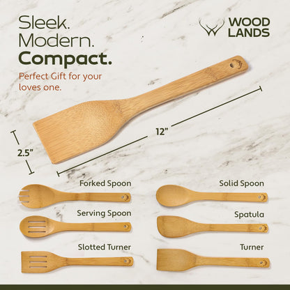 Woodlands-USA Wooden Spoons for Cooking - 6-Piece Wooden Kitchen Utensil Set - Natural Material Bamboo Spatula & wooden cooking utensils - Wooden Spatulas & Wooden Spoons Cooking Tools Set