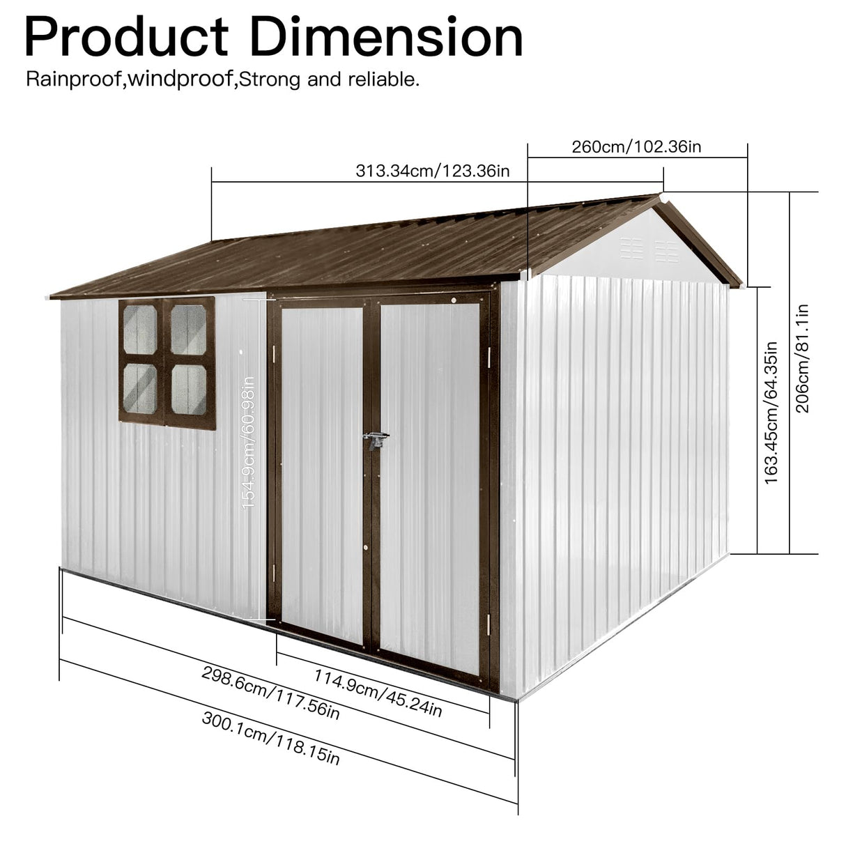 Ball & Cast 10x8 FT Sheds & Outdoor Storage,Metal Garden Shed with Window,Waterproof Cabinet Foldable House W/Lockable Doors and Roofs,for Storing Bicycles,Lawnmowers,Barbeques,White+Coffee Ball & Cast