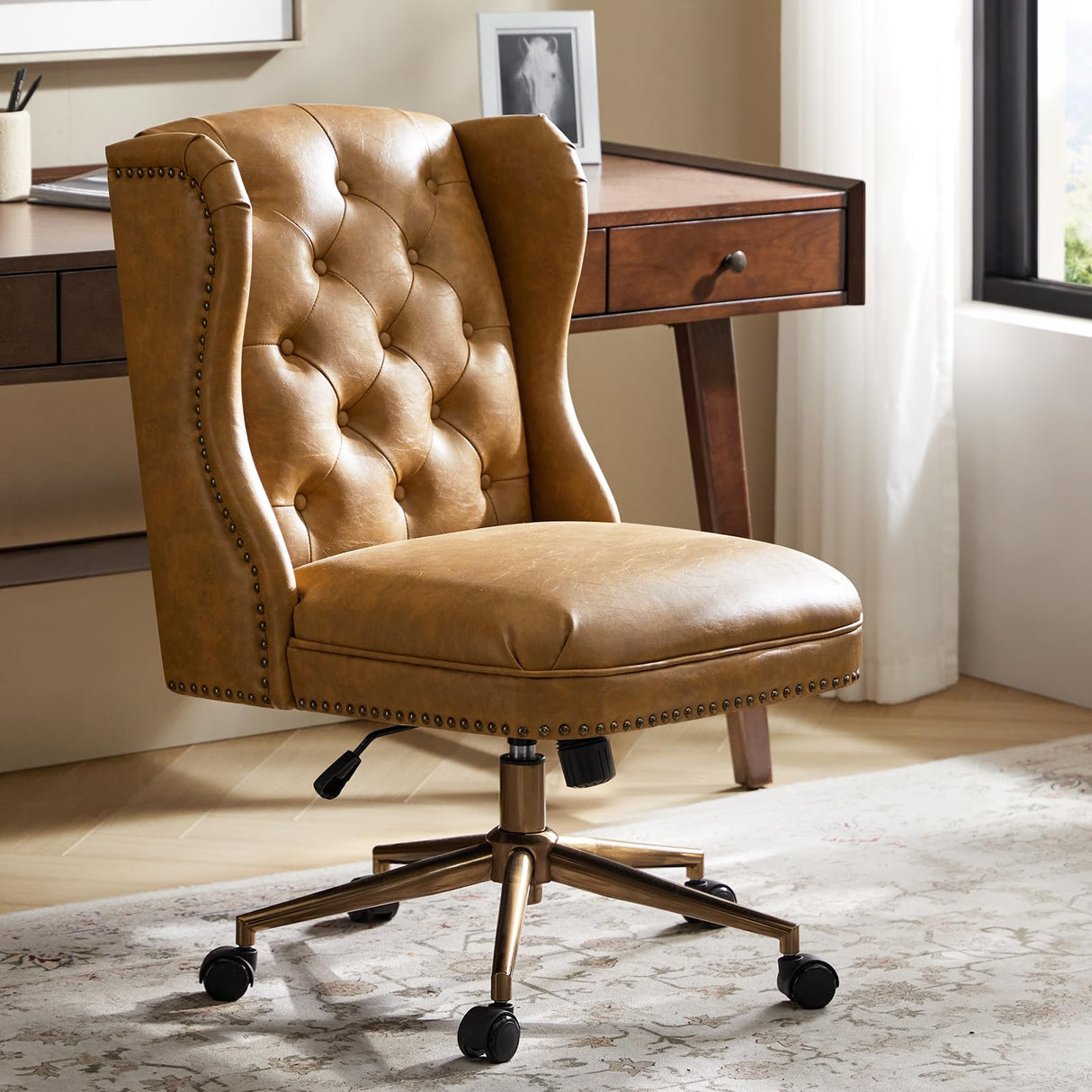 HULALA HOME Modern Faux Leather Desk Chair with Button Tufted Wingback, Adjustable Swivel Computer Chair with Nailhead Trim, Upholstered Task Chair for Home Office, Camel HULALA HOME