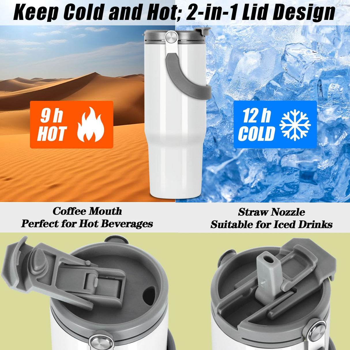 Tswofia 30 Oz Sublimation Tumblers, Sublimation Tumbler Blank with Portable Handle, Stainless Steel Sublimation Cup with Straw Leakproof Flip, Individually Boxed (2 Pack) Tswofia