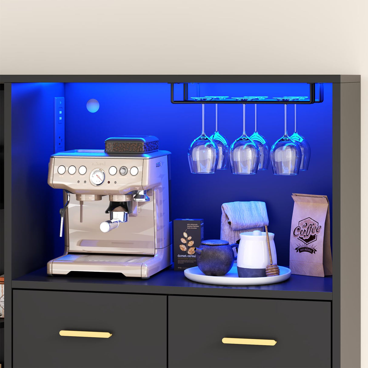 Kitchen Pantry Storage Cabinet with Charging Station and LED Lights, Freestanding Buffet Cabinet with Wine Glass Holder,Kitchen Hutch Cabinet with Rotation 4-Tier Storage Rack for Kitchen(Black) Gyfimoie