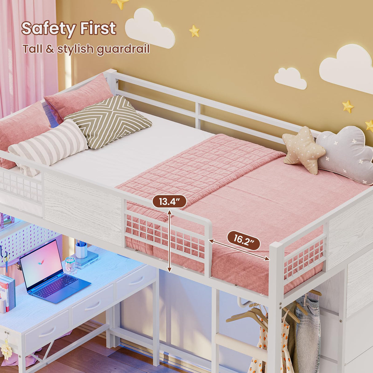 ADORNEVE Twin Size Loft Bed with Desk, 11 Storage Drawers & RGB LED Lights, Metal Loft Bed with Power Outlet, Shelves & Clothing Rack, 13.4" H Safety Guard & Paded Ladder, White ADORNEVE