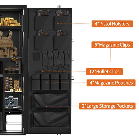 Large Rifle Safe, 20-27 Gun Safe for Rifle and Shotgun/Rifle Pistol Rack/Storage Pocket/Removable Shelf/Silent Mode/External Battery/LED/Key,180° Open Door Panel Organizer Gun Cabinet Safe Unassembled TTSITG