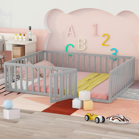 Solid Wood Montessori Floor Bed for Kids with Fun Door Design & Safety Guardrails - Easy Assembly in Gray LLS