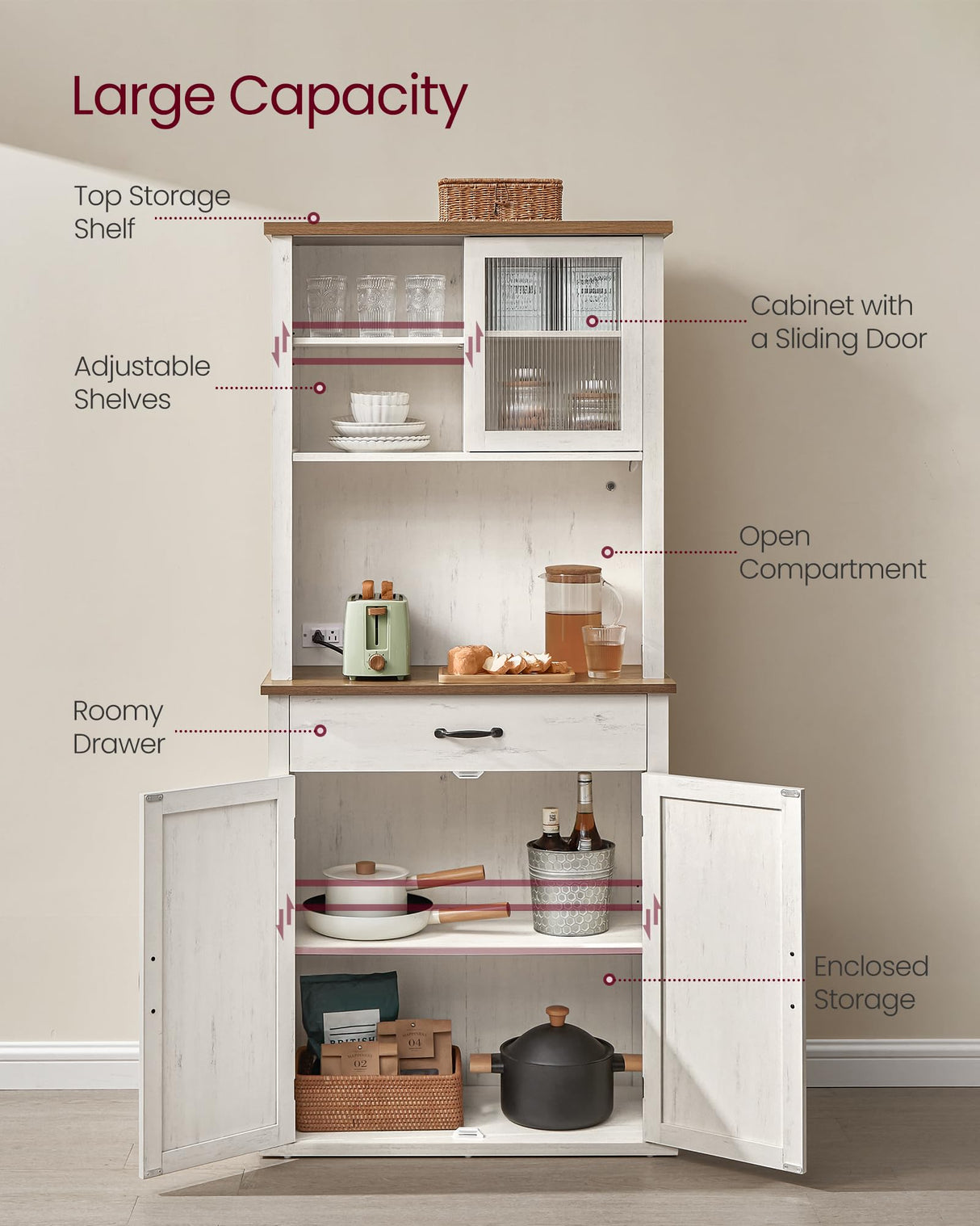 VASAGLE 71" Pantry Cabinet with Lights and Charging Station, Kitchen Pantry Cabinet with Doors and Drawer, Farmhouse Storage Cabinet, Coffee Bar Cabinet, Adjustable Shelves, Rustic White UBBK363W12 VASAGLE