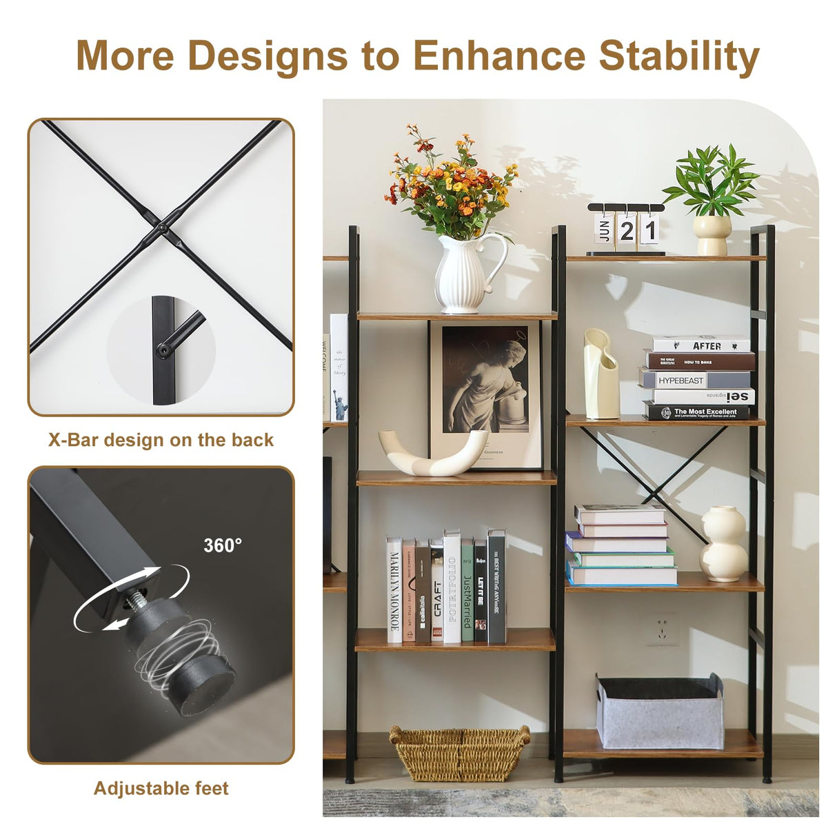 Zhitians Triple 4 Tier Bookshelf, Tall Book Shelf with 11 Open Display Shelves, Adjustable Industrial Bookcase in Living Room, Bedroom, Wide Metal Bookshelf Book Case for Home & Office, Rustic Brown Zhitians