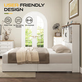 HOWE King Size Wood Platform Bed Frame with 51.2" Bookcase Headboard, Storage Bed with Sliding Barn Door Charging Station 2 Drawers, No Box Spring Needed/Farmhouse/White HOWE