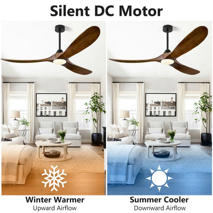 ABZ Ceiling Fans with Lights - 60 inch Propeller Ceiling Fan with Remote Control, 3 Blades Walnut Solid Wood Ceiling Fan for Indoor Outdoor Patio Bedroom Living Room Kitchen