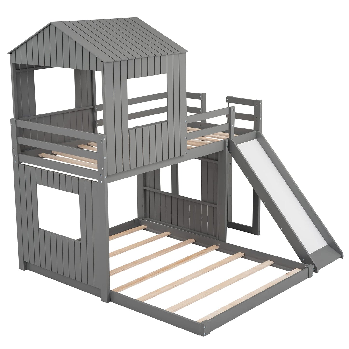 Harper & Bright Designs Grey Twin Over Full House Bunk Bed with Slide, Ladder, and Guardrails - WoodArtSupply