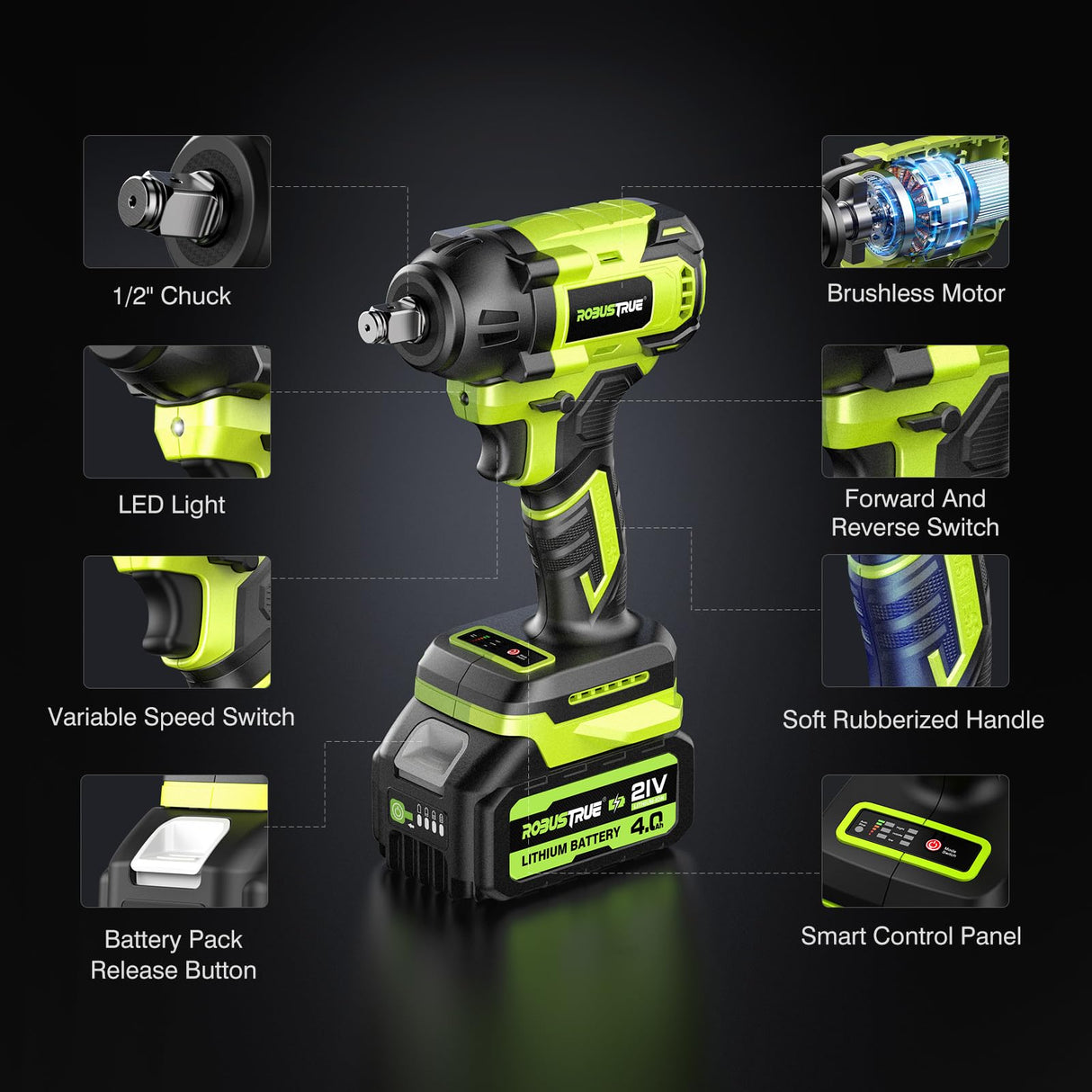 Robustrue Cordless Impact Wrench, 406Ft-lbs (550N.m) Brushless 1/2 inch Impact Wrench, 2800RPM High Torque Impact Gun, 2x 4.0Ah Battery, Charger, 4 Sockets, Electric Impact Wrench for Car Home Robustrue