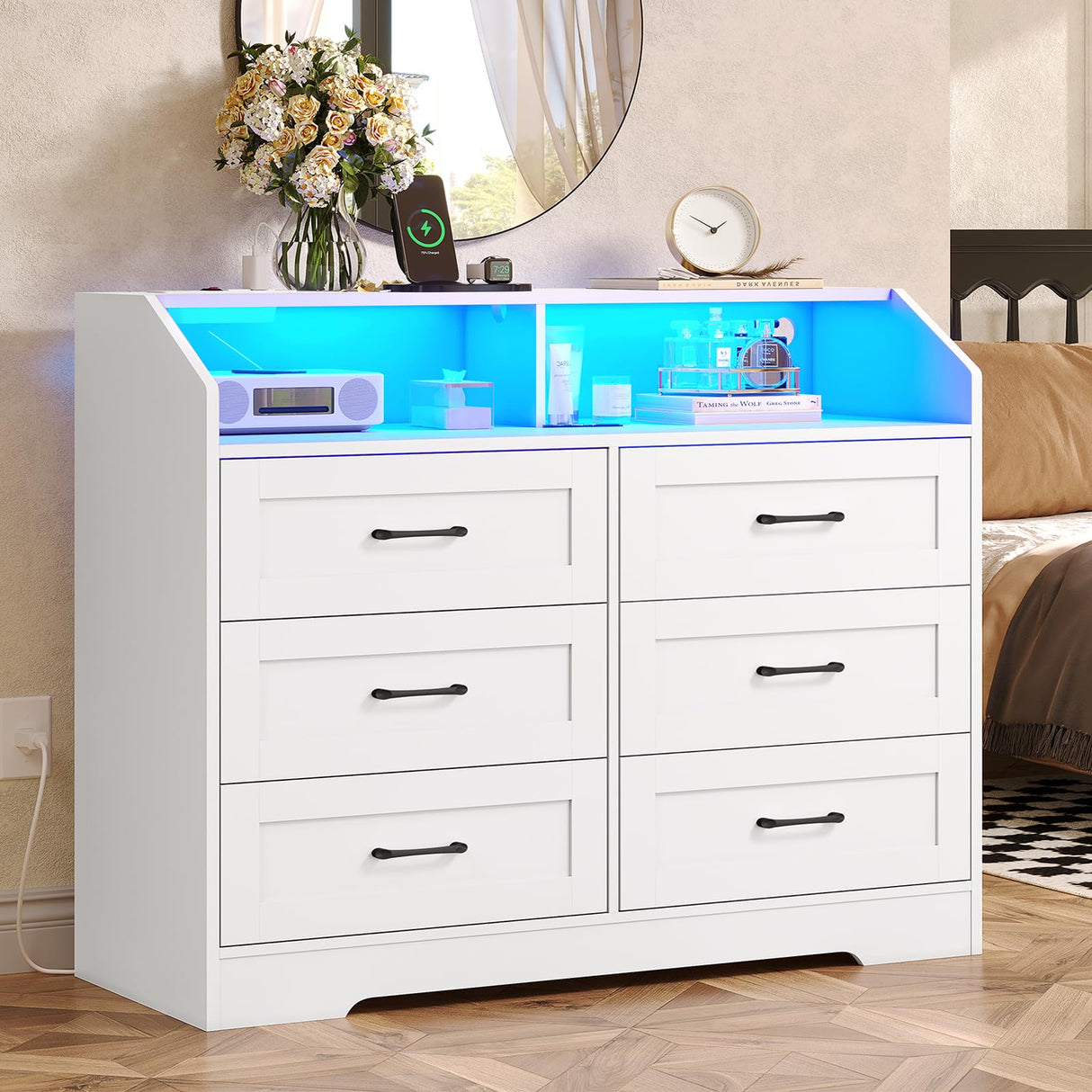 Hasuit White Dresser for Bedroom with LED Lights and Charging Station, Modern Wood 6 Drawers Storage Tower Clothes Organizer, Large Capacity Chest of Drawers Storage Cabinet for Bedroom, Living Room Hasuit