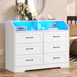 Hasuit White Dresser for Bedroom with LED Lights and Charging Station, Modern Wood 6 Drawers Storage Tower Clothes Organizer, Large Capacity Chest of Drawers Storage Cabinet for Bedroom, Living Room Hasuit