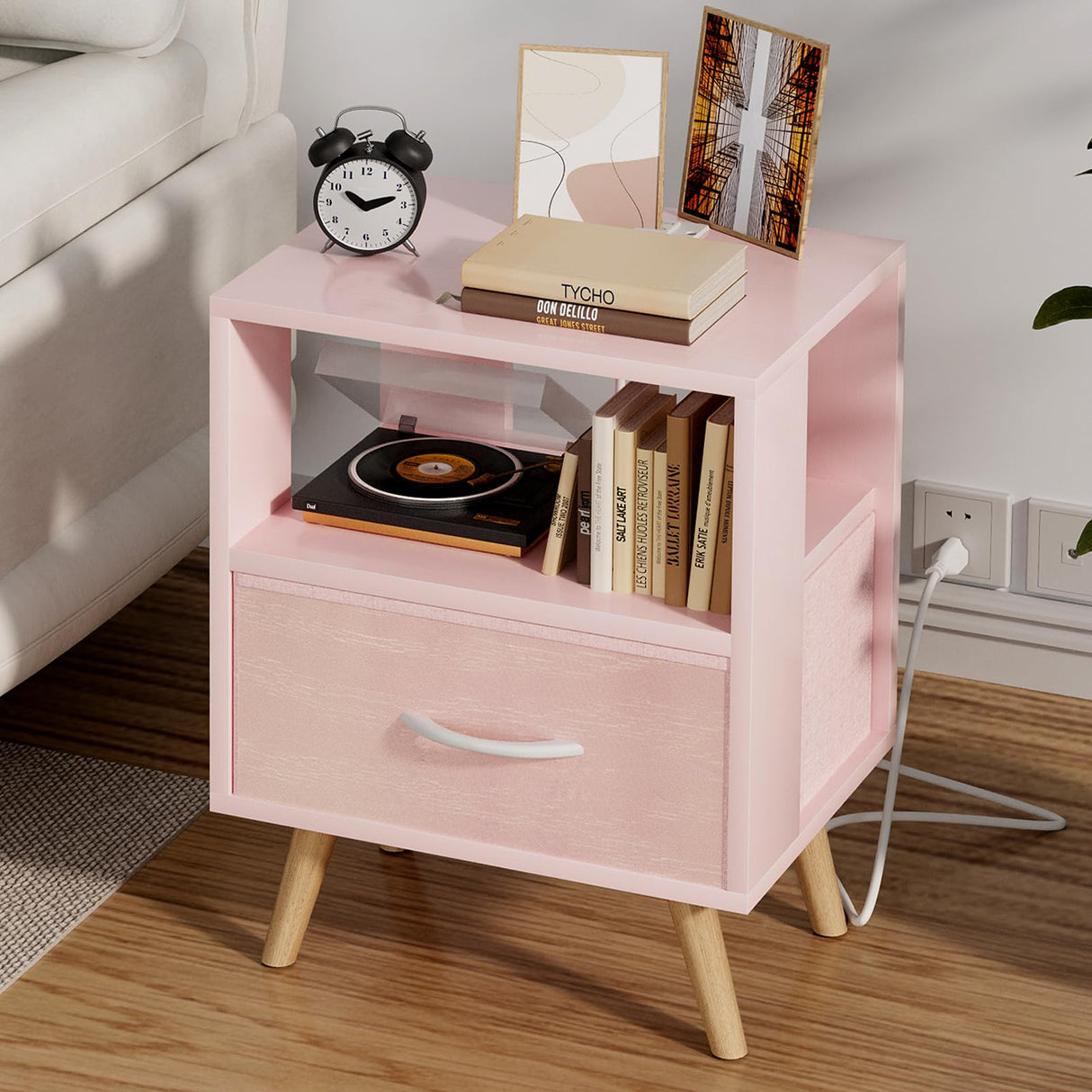 Aenuert Night Stand with Charging Station, Pink Kids Nightstand with Drawer, 2-Tier Nursery Bedside Table with USB Ports and Outlets, End Table for Small Space, Living Room, Bedroom Aenuert