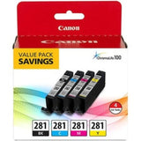 Canon CLI-281 Black, Cyan, Magenta and Yellow 4 Ink Pack, Compatible to TR8520, TR8620 Series, TS9120, and TS6210 Printers Canon
