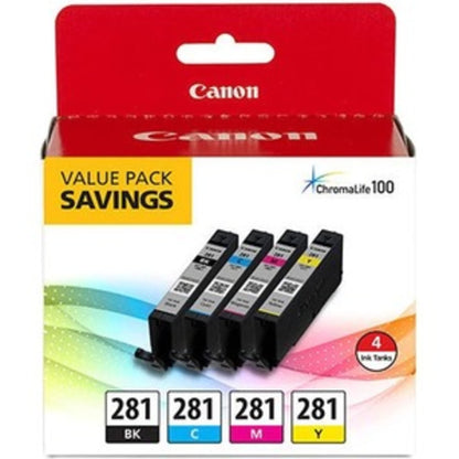 Canon CLI-281 Black, Cyan, Magenta and Yellow 4 Ink Pack, Compatible to TR8520, TR8620 Series, TS9120, and TS6210 Printers