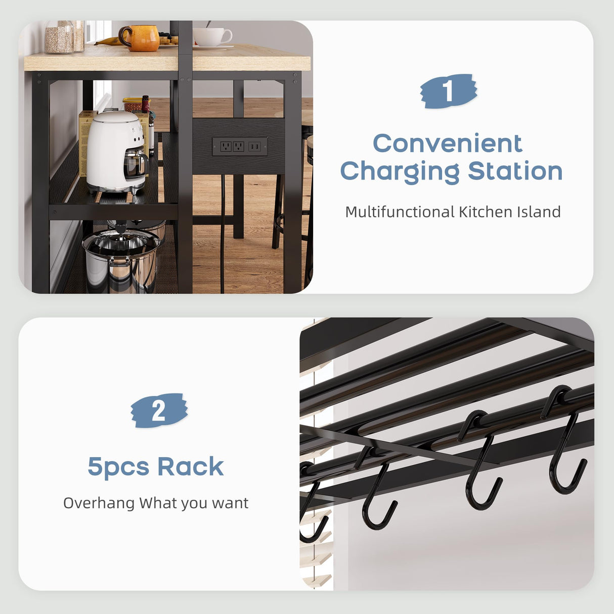 47" Large Kitchen Island Table Bakers Rack with Power Outlet and 3-Tier Storage-Microwave Stand Oven Shelf, Metal Coffee Bar Table ,Kitchen Storage Shelf for Dining Living Room, 5 Hooks，47"*28"*72" GAOMON