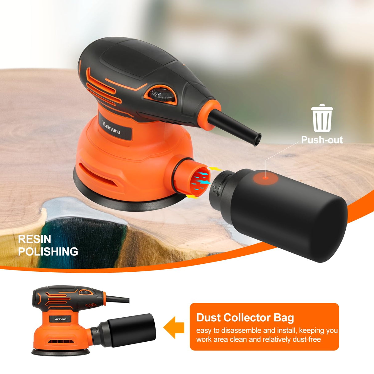 Yunirvana 5-Inch Orbital Sander, 2.5 Amp Motor, 15 Pcs Sanding Disc Set, 6-Speed Control (6000-12000 OPM), Efficient Dust Collection for Superior Sanding and Polishing Yunirvana