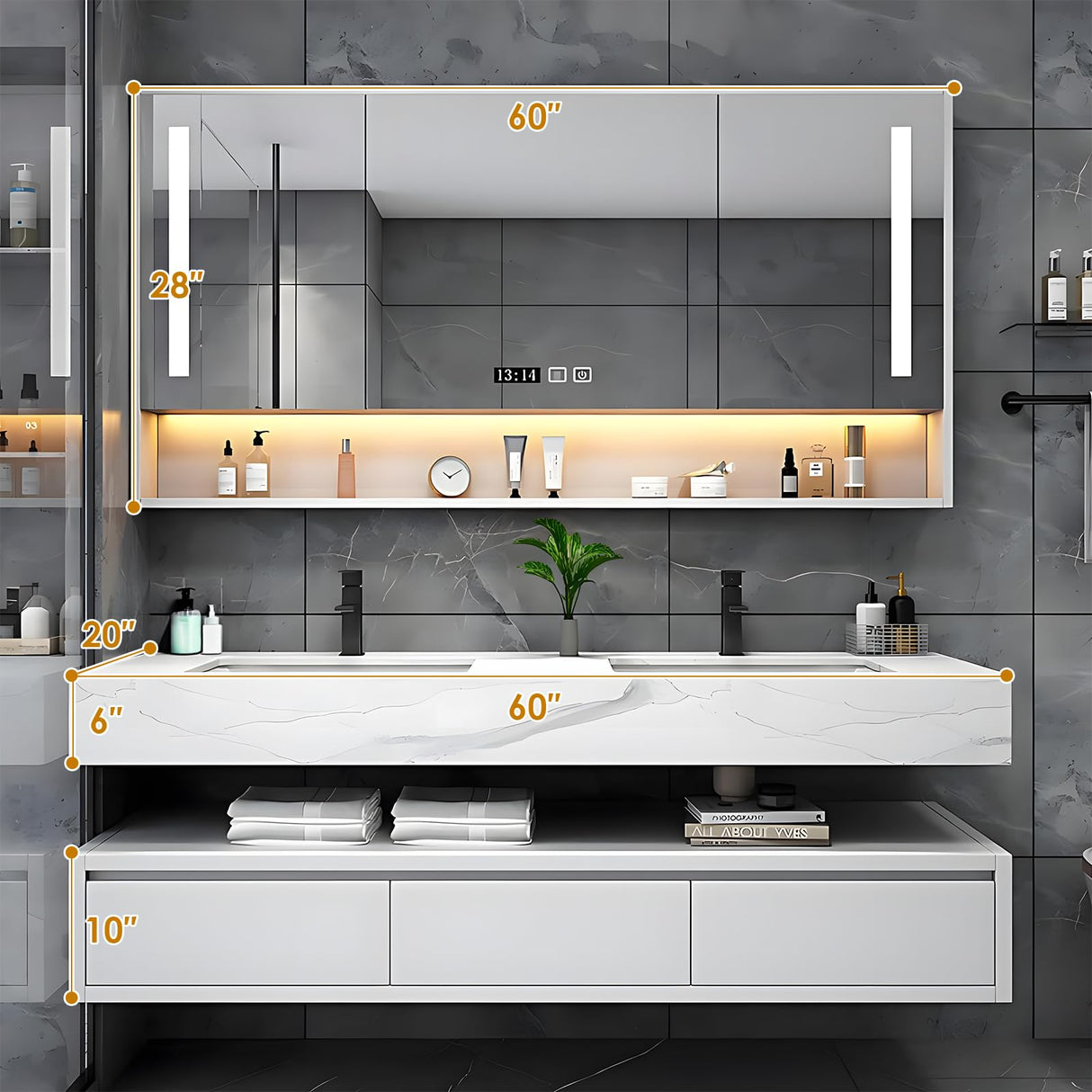 LUTHXAY 60 inch Floating Bathroom Vanity, Double Sink Bathroom Vanity with Smart Defogger Mirror Cabinet, Wall-Mounted Bathroom Vanity, Bathroom Cabinet with Optimized Storage Space,White LUTHXAY