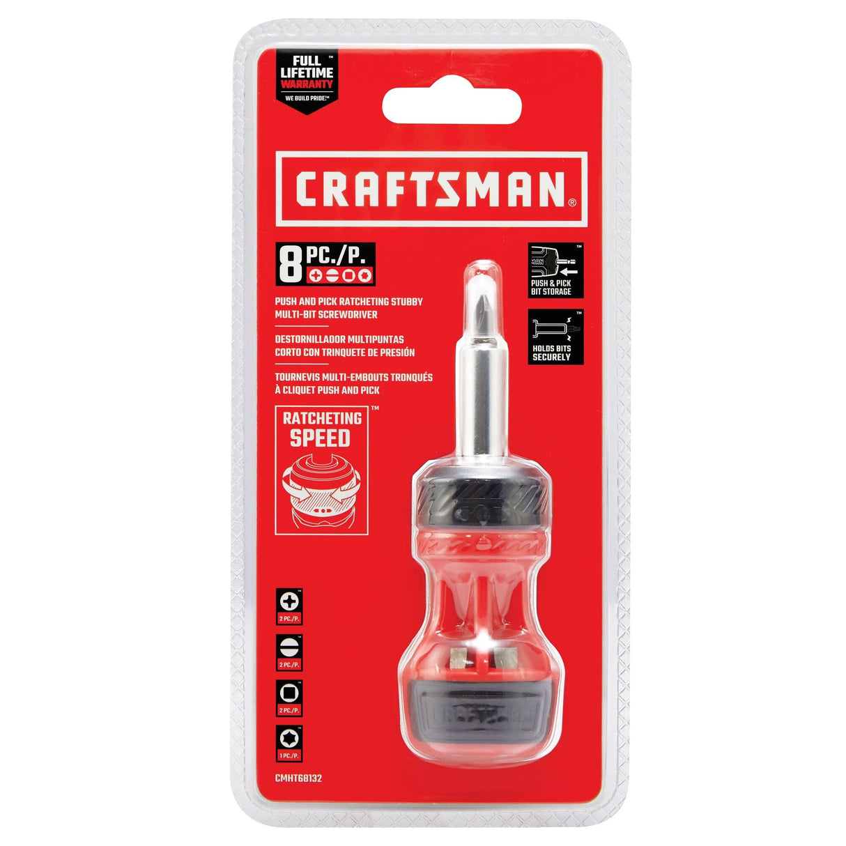 CRAFTSMAN Ratcheting Screwdriver, Stubby Push-n-Pick Set with Multi-Bits, 8 Piece (CMHT68132) CRAFTSMAN