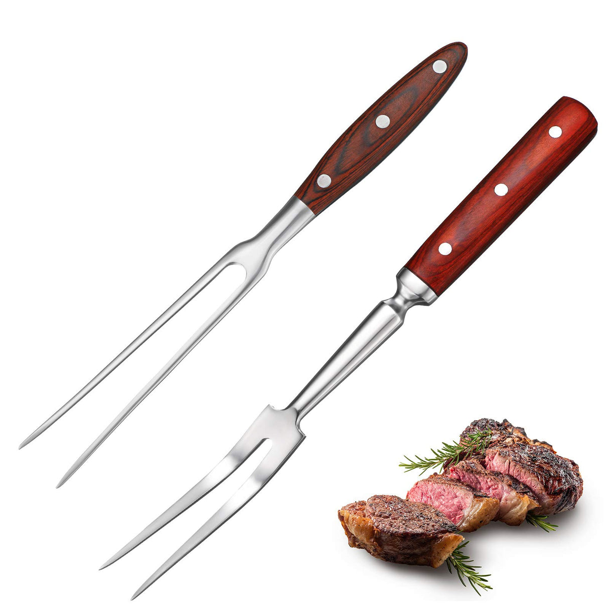 Patelai 2 Pcs Carving Meat Forks 12 in and 14 in Stainless Steel Serving Grilling Beef Forks with Wooden Handle for Kitchen Large Cooking Forged Set for Home Family Party Roast BBQ Accessories tools Patelai