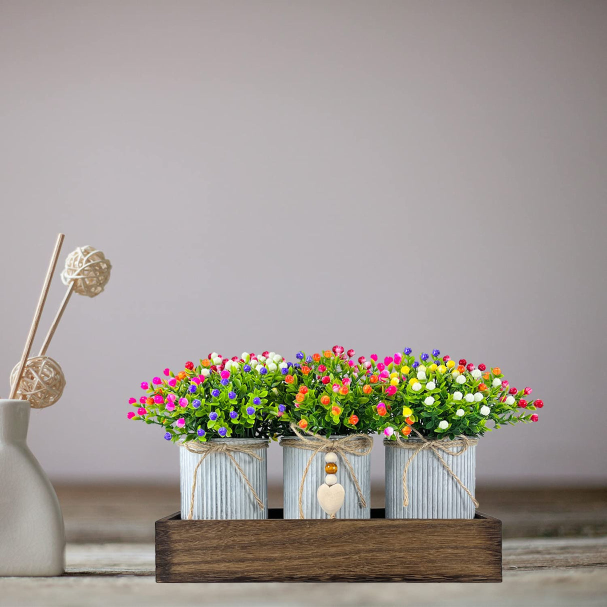 HEMYLU Table Centerpiece Decoration Artificial Flower Set with 3 Fake Milan Bouquet and Wood Tray for Desk Home Bathroom Office Décor HEMYLU