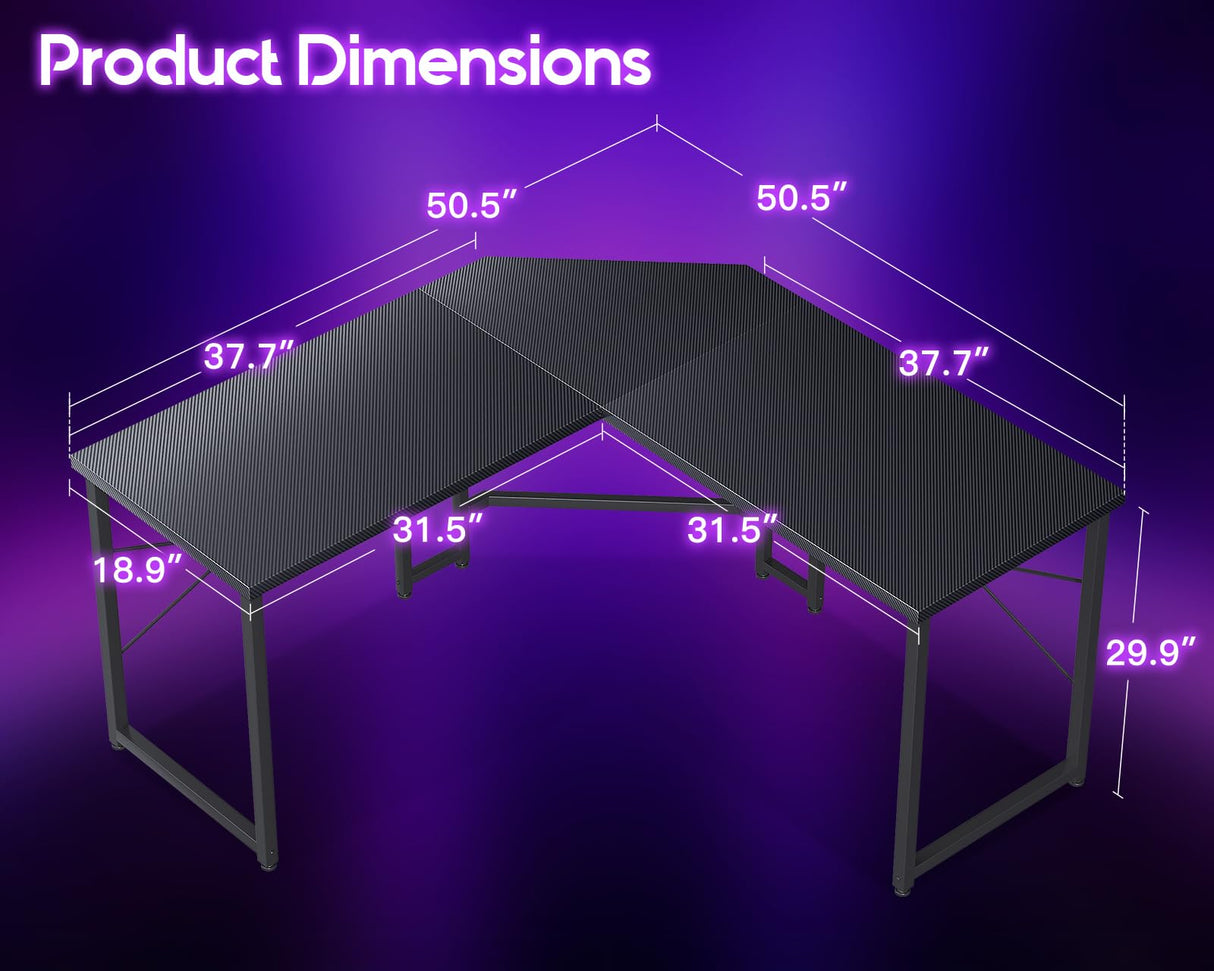 Casaottima 51 Inch L Shaped Gaming Desk, Compact Corner Computer Table, Writing Workstation for Small Spaces, Home Office & Streaming Setup, Easy Assembly, Carbon Fiber Surface, Pure Black Casaottima