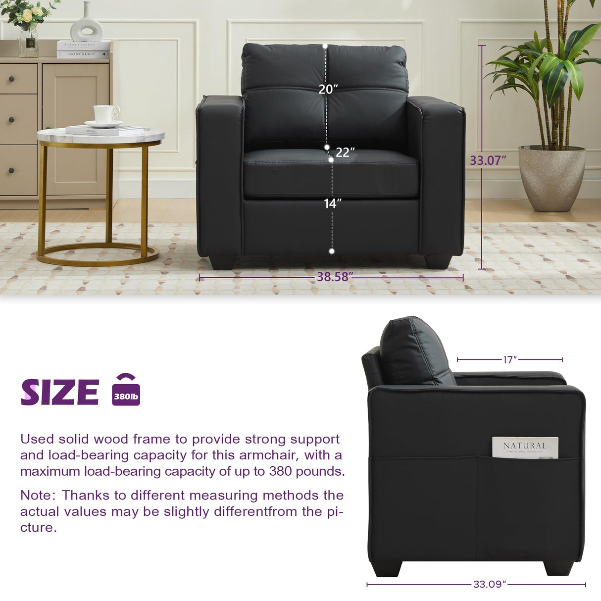 TYBOATLE Black Faux Leather Sofa Couch Sectional Couches for Living Room, 3 Piece Living Room Set Furniture Comfy Modular Convertible Sofas with Ottoman, Home Office Sofa Set TYBOATLE