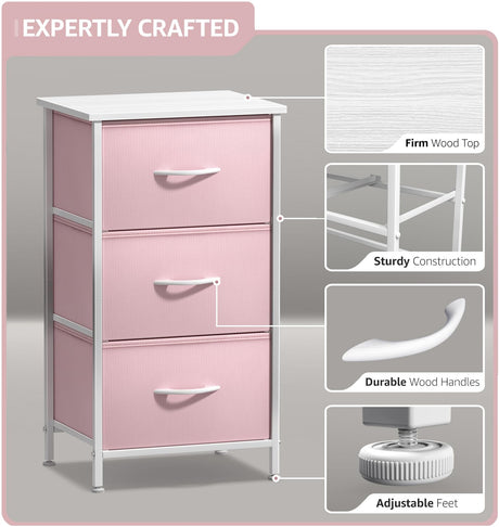 Sorbus Nightstand with 3 Drawers - Bedside Furniture & Accent End Table Chest for Home, Bedroom Accessories, Office, College Dorm, Steel Frame, Wood Top, Pastel Fabric Bins (Pink) Sorbus