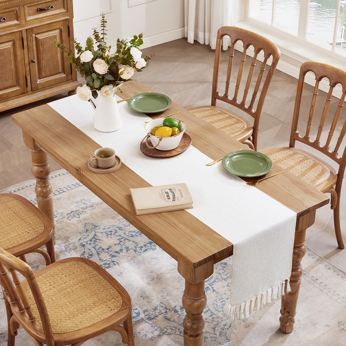 Aoztio Linen Style Rustic Table Runner, Farmhouse Cotton Linen Table Runner, Boho Table Runners 72 Inches Long with Hand Tassels for Home Tabletop Decor and Everyday Use - Off White, 72 Inch Aoztio