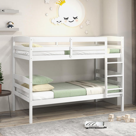 KOMFOTT Twin Over Twin Convertible Bunk Bed with Guardrail and Integrated Ladder - Space-Saving Solid Wood Design KOMFOTT