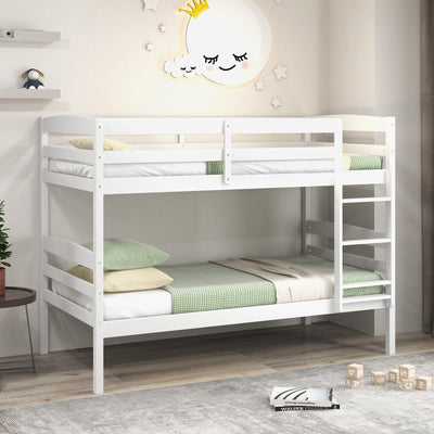 KOMFOTT Twin Over Twin Convertible Bunk Bed with Guardrail and Integrated Ladder - Space-Saving Solid Wood Design