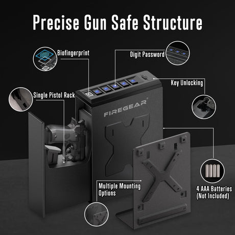 FIREGEAR Gun Safe Biometric Pistol Safe, Quick Access Handgun Safe, Safes for Handgun with Fingerprint, PIN Code, KEY, Mounted Nightstand and Gun Lock FIREGEAR
