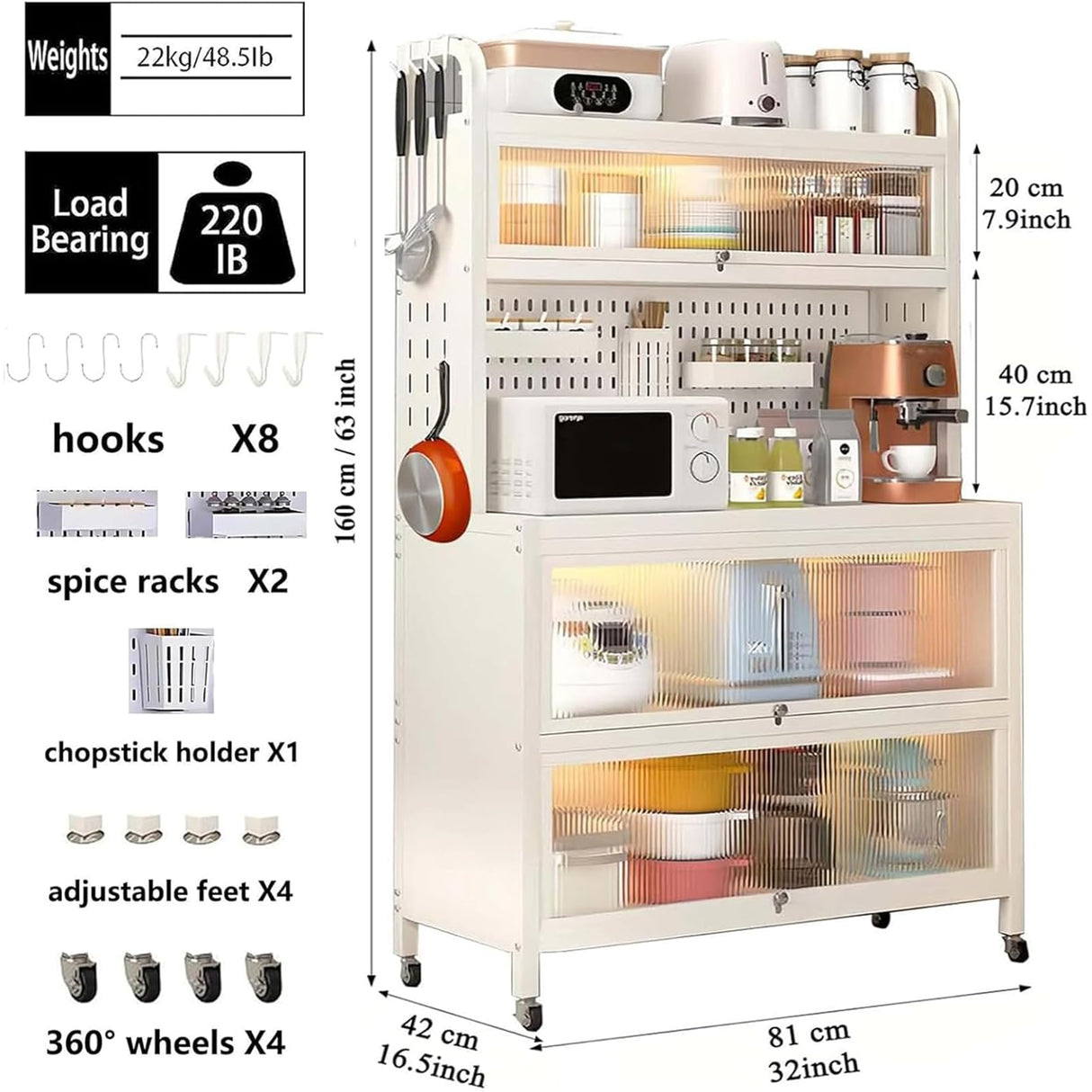TVMCNA 63" Tall Kitchen Pantry Storage Cabinet, Large Capacity Hutch Cabinet with Acrylic Doors and Microwave Stand, Bakers Racks with Storage for Kitchens, Pantry, Living Room TVMCNA