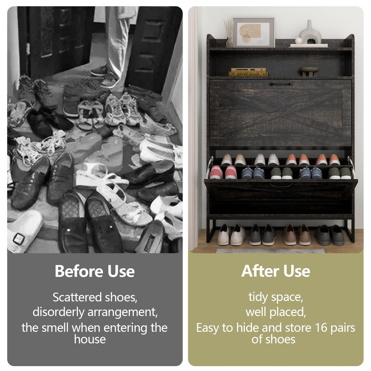 Auromie Shoe Cabinet, Freestanding Tipping Bucket Shoe Storage Cabinet with 2 Flip Drawers, Entryway Shoe Rack with Storage Top Cubby, Narrow Slim Hidden Shoe Organizer with Doors (Black Oak) Auromie