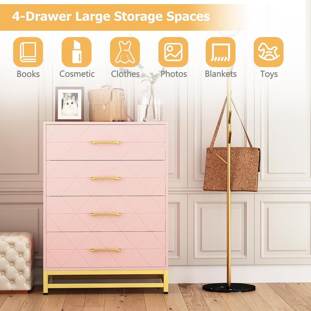 TrailBlaze 4 Drawer Dresser for Bedroom, Wooden Chest of Drawers, Modern Storage Tower with Metal Handles and Legs, Storage Organizer Unit with Anti-Tipping Device for Bedroom, Living Room, Pink TrailBlaze