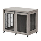 IchbinGo Large Dog Crate Furniture, 47" Wooden Dog Kennel with Sliding Barn Door, Flip-Top Lid & Wheels, Indoor Pet Crate Table with Detachable Divider for Small/Medium/Large Dogs (Rustic Grey) IchbinGo