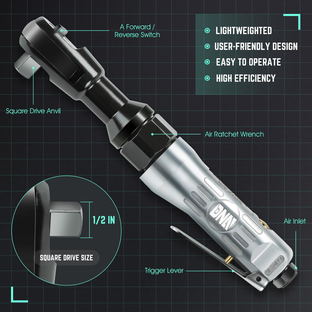 DNA MOTORING 17Pc Air Tool Kit 1/2-Inch Pneumatic Air Impact & Ratchet Wrench Kit Torque Wrench for Repairs, w/Case, Sliver/Black, TOOLS-00530 DNA MOTORING