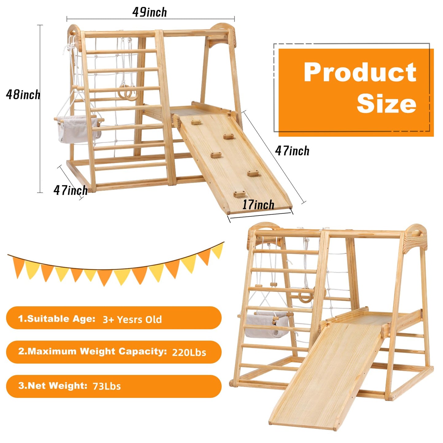 ECOMEX Indoor Jungle Gym for Toddlers 8 in 1 Indoor Playground Wooden Montessori Climber Playset with Slide Swing Climbing Net, Indoor Playground Climbing Toys for Toddlers - WoodArtSupply